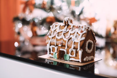 Close-up of decorated gingerbread house