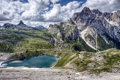 Panoramic view of lake and mountains against sky