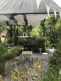 Empty chairs and table by trees outside house