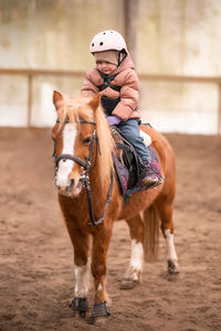 Portrait of man with horse standing on field