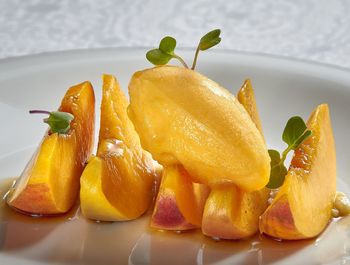 Close-up of fruits in plate