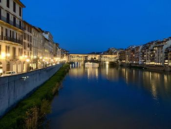 Canal by illuminated buildings against clear sky at dusk