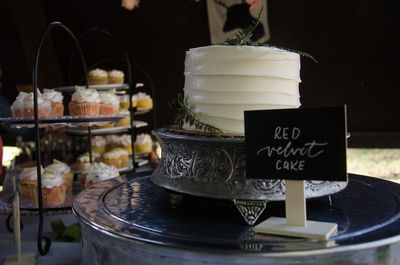 Close-up of cake served on table