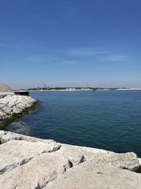 Scenic view of sea against blue sky