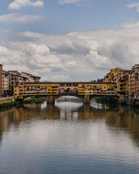 Arch bridge over river against buildings in city