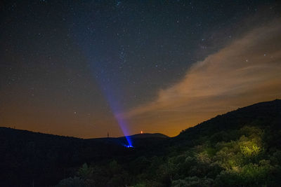 Scenic view of mountain against sky at night