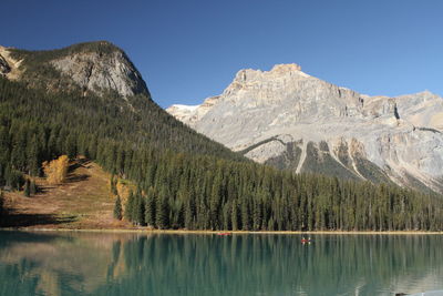 Scenic view of lake and mountains against clear sky