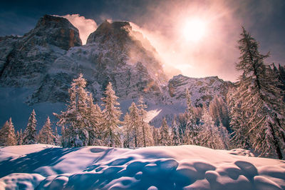 Scenic view of snow covered mountains against sky