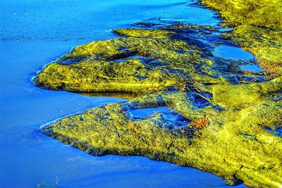 Reflection of blue sky in puddle