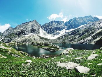 Scenic view of lake by snowcapped mountains against sky