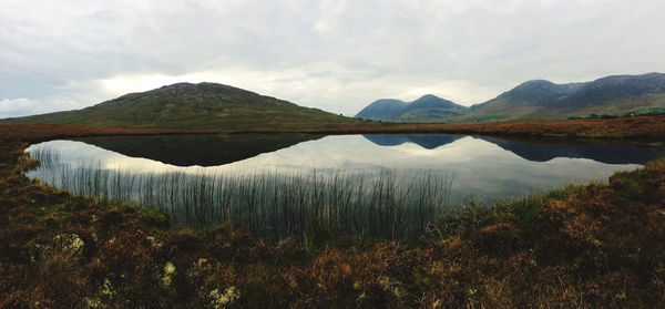 Scenic view of lake and mountains against sky