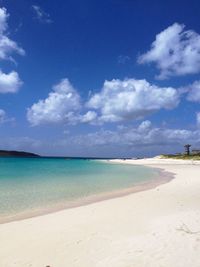 View of calm beach against blue sky