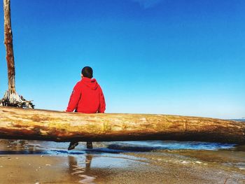 Rear view of man looking at sea against clear blue sky