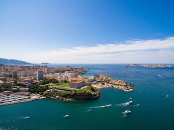 High angle view of city at waterfront