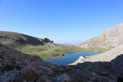 Scenic view of mountains against clear blue sky