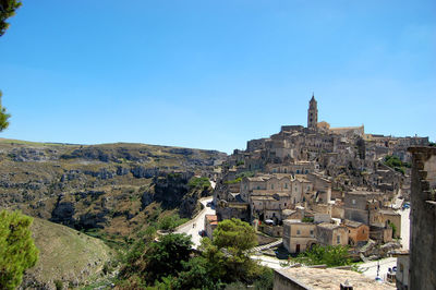 High angle view of castle against blue sky