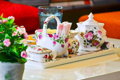 Close-up of tea set on table