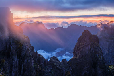 Panoramic view of mountains against sky during sunset