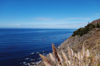 Scenic view of sea against blue sky