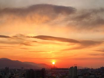 View of cityscape against cloudy sky during sunset