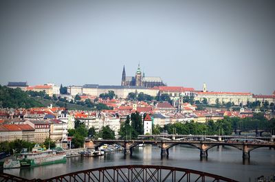 Bridge over river in city against clear sky