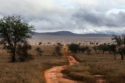 Dirt road on landscape leading towards mountains against cloudy sky