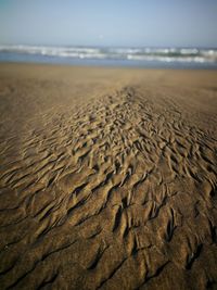 Close-up of sand on beach against sky