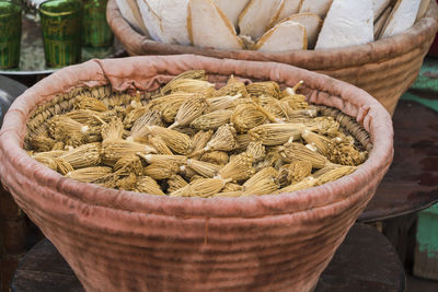 Closeup of organic goods at spice shop in medina, marrakech