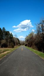 Empty road along trees and blue sky