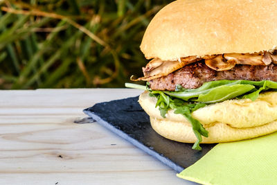 Close-up of burger on table
