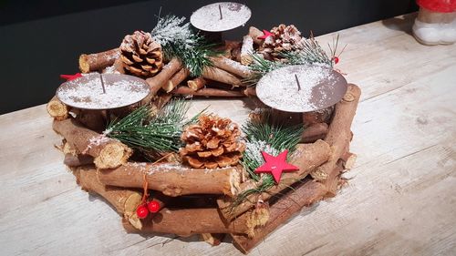 High angle view of christmas tree on table