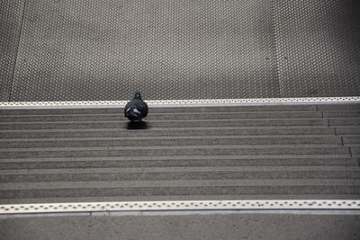 High angle view of people sitting on footpath