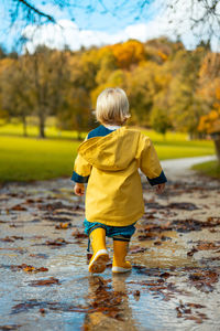 Rear view of boy standing at beach