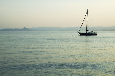 Sailboat sailing on sea against sky