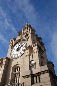 The upper parts of the iconic liver building in liverpool, uk