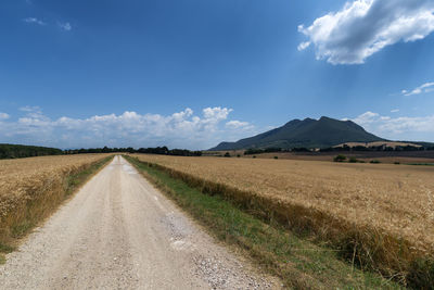 Dirt road amidst field against sky