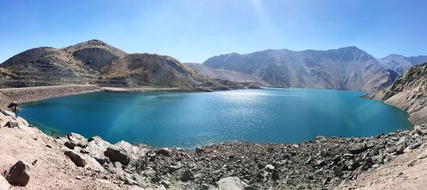 Panoramic view of lake and mountains against blue sky