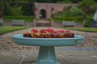 Close-up of dessert in cakestand at park