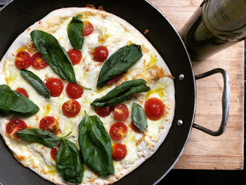 High angle view of pizza on table