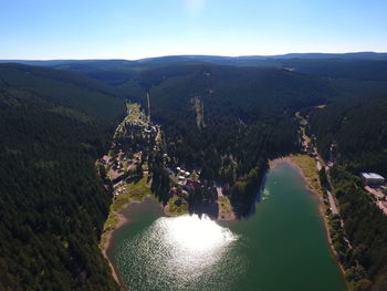 High angle view of river amidst mountains