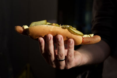 Close-up of hand holding hot dog