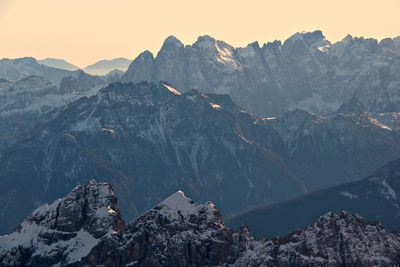 Scenic view of mountains against sky during sunset