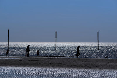 People on beach against clear sky