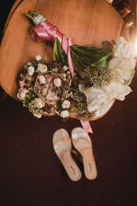 High angle view of rose bouquet on table