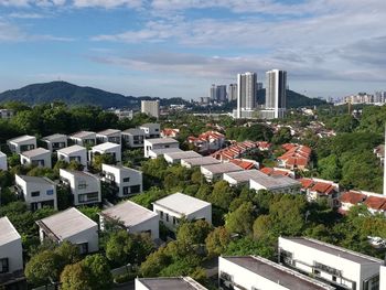 High angle view of  houses against sky