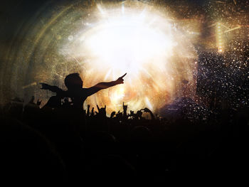 Silhouette people enjoying music concert at night