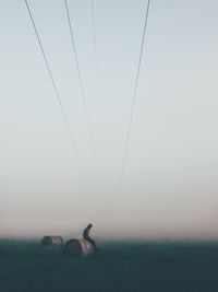 Side view of man sitting on hay bale during foggy weather