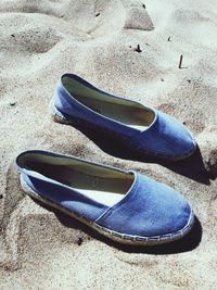 High angle view of shoes on sand at beach