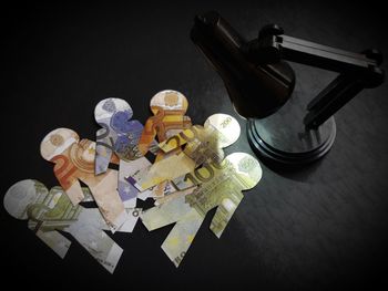 High angle view of toys on table against black background