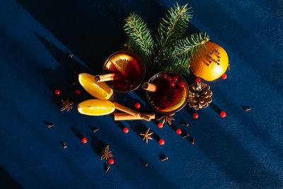 High angle view of christmas decorations on table